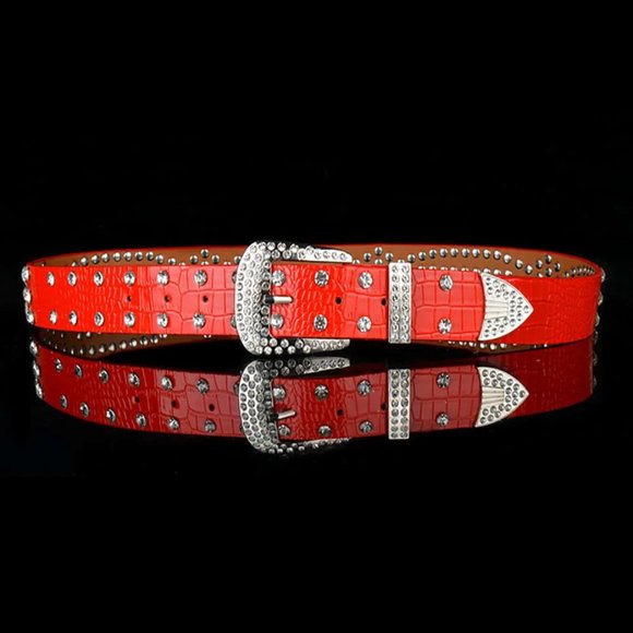 Vegan Red Faux Crocodile Embossed Rhinestone Belt - Picture 2 of 4